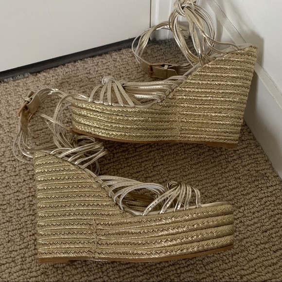PrettyLittleThing Shoes | Nwot Pretty Little Thing Gold Wrap Espadrile Wedge | Poshmark